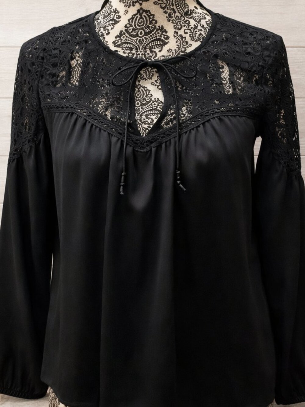 Black Lace Yoke Long Sleeve Blouse Satin Tie‑Neck Gothcore Whimsigoth Romantic